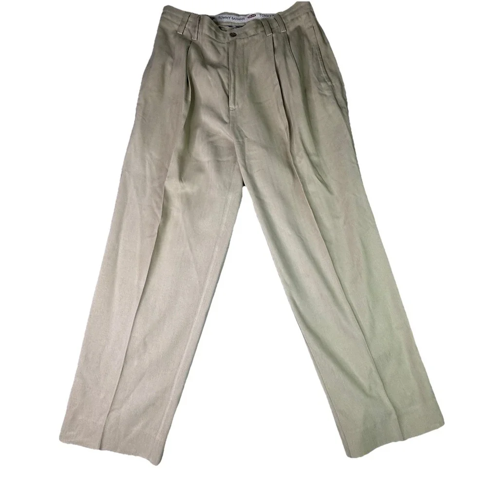 TOMMY BAHAMA 100% Silk Pants Mens Size 34 X 28 Relax Beige Trousers Pleated